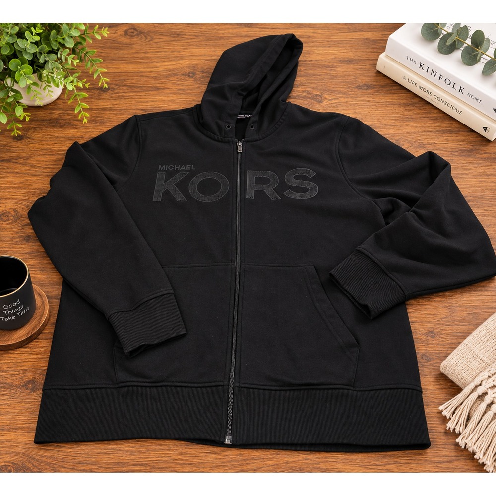 Michael Kors Men's Full Zip Hoodie Dark Chambray Felt Logo Size XL